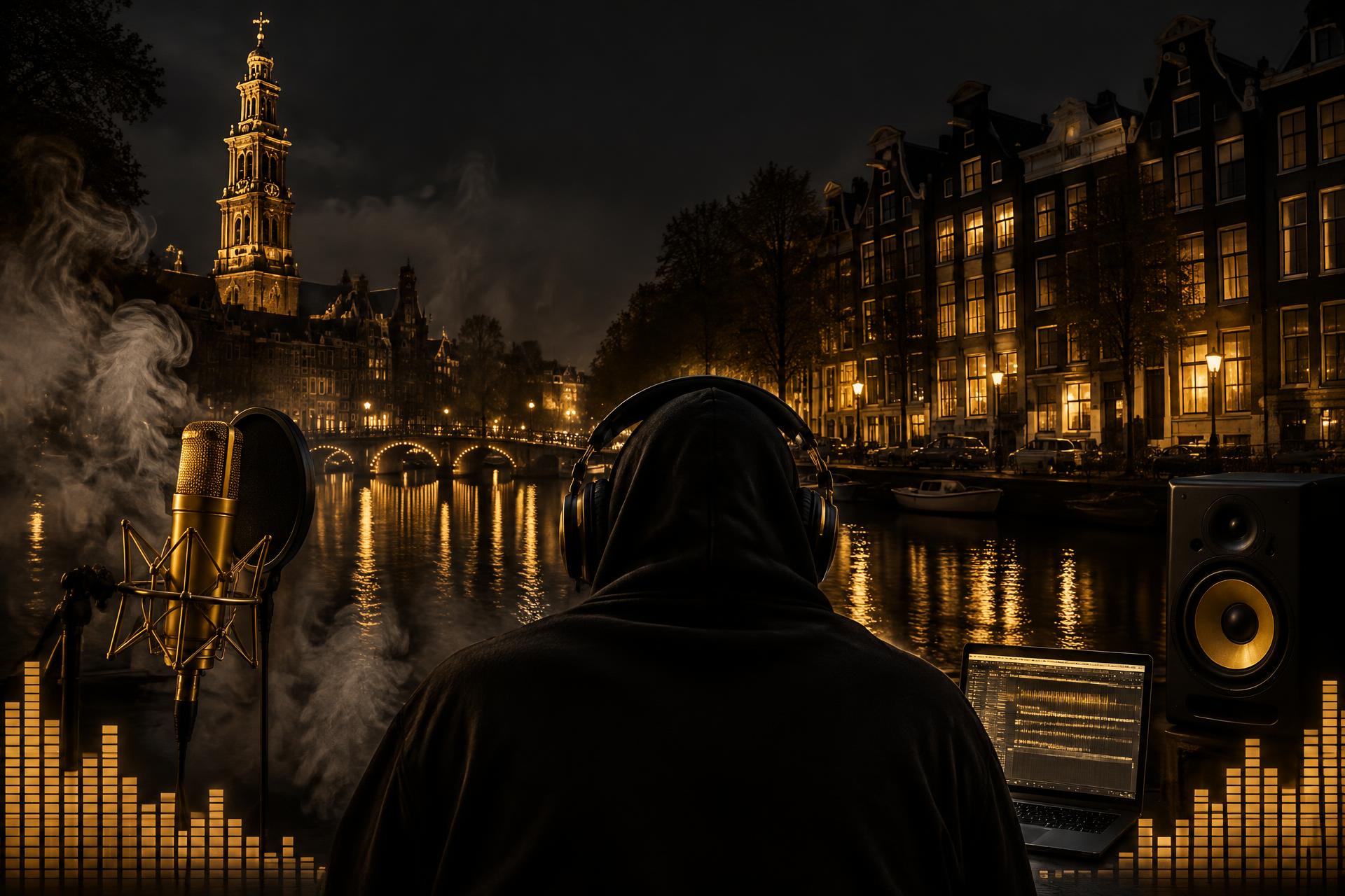 Hooded artist with headphones in a studio overlooking an Amsterdam canal at night