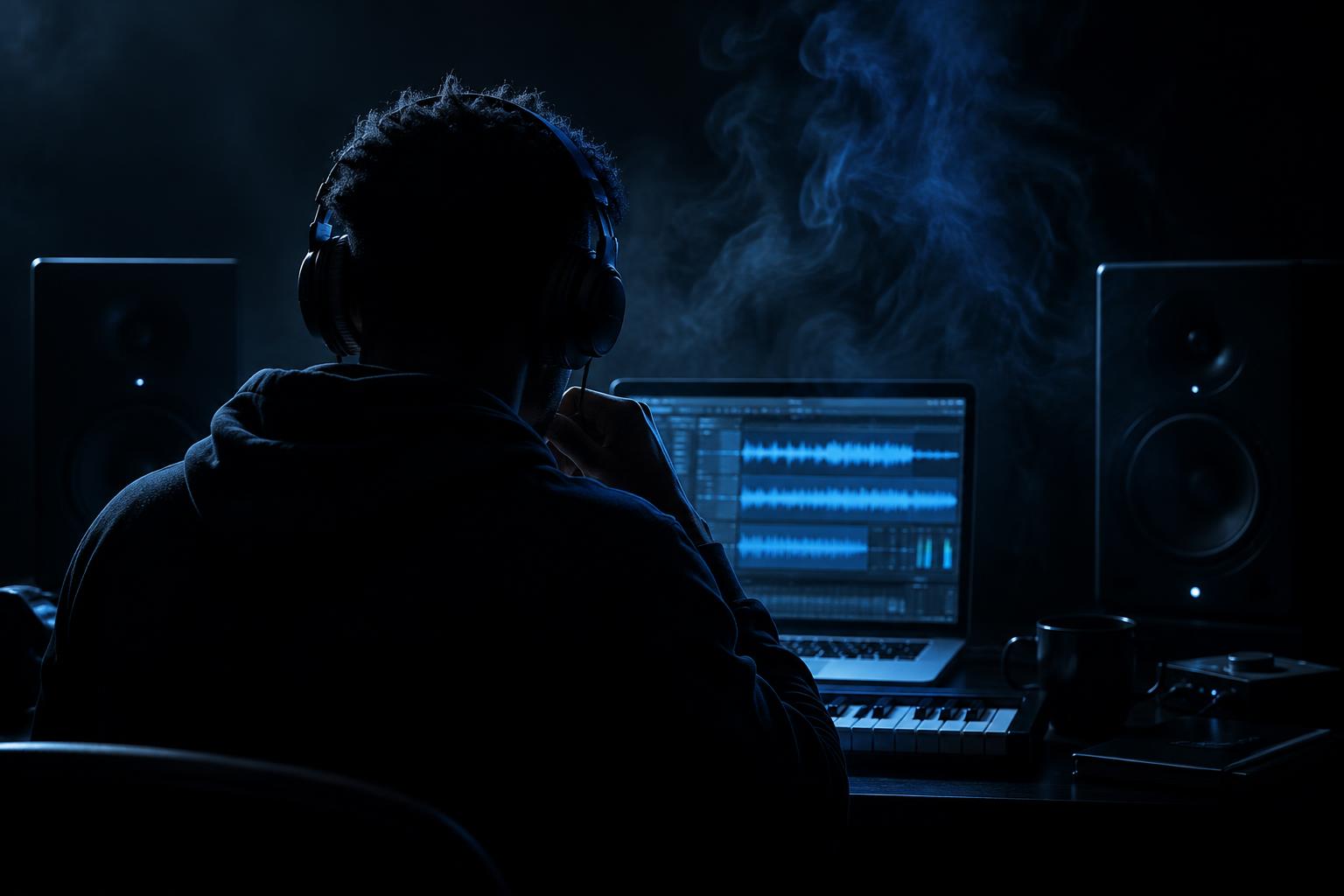 Artist working on music in a dark studio